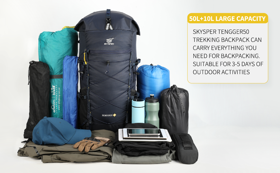 TENGGER50 - SKYSPER 50L + 10L Backpacking Backpack with Rolling Top & Waterproof Rain Cover