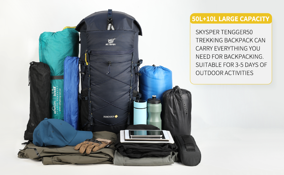 SKYSPER TENGGER50L - 50L + 10L Backpacking Backpack with Rolling Top & Waterproof Rain Cover