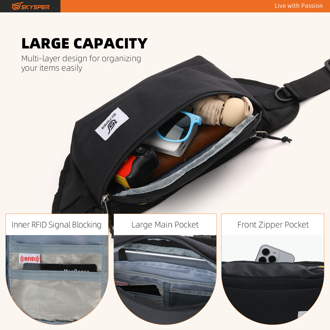SKYSPER Urban E5 - Travel Fanny Pack Anti-Theft Crossbody Daypack 5L Chest Bag