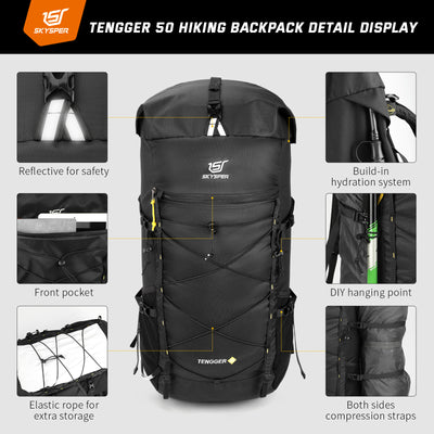 TENGGER50 - SKYSPER 50L + 10L Backpacking Backpack with Rolling Top & Waterproof Rain Cover