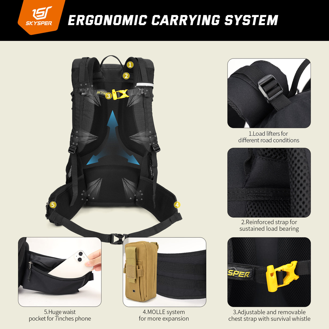 SKYSPER LANTC40L - Hiking Backpack 40L Waterproof Lightweight Daypack