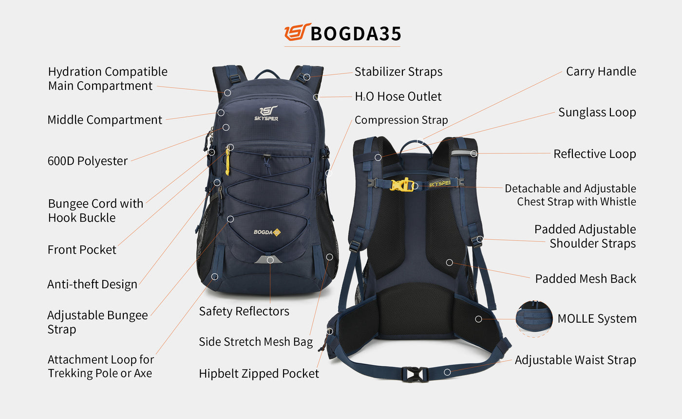 SKYSPER BOGDA35L- 35L Hiking Daypack with Waterproof Rain Cover