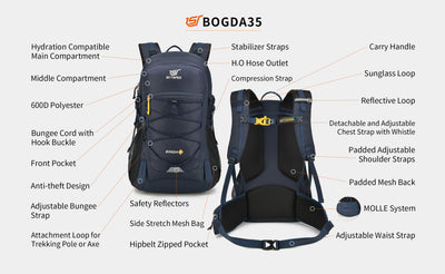 BOGDA35- SKYSPER 35L Hiking Daypack with Waterproof Rain Cover